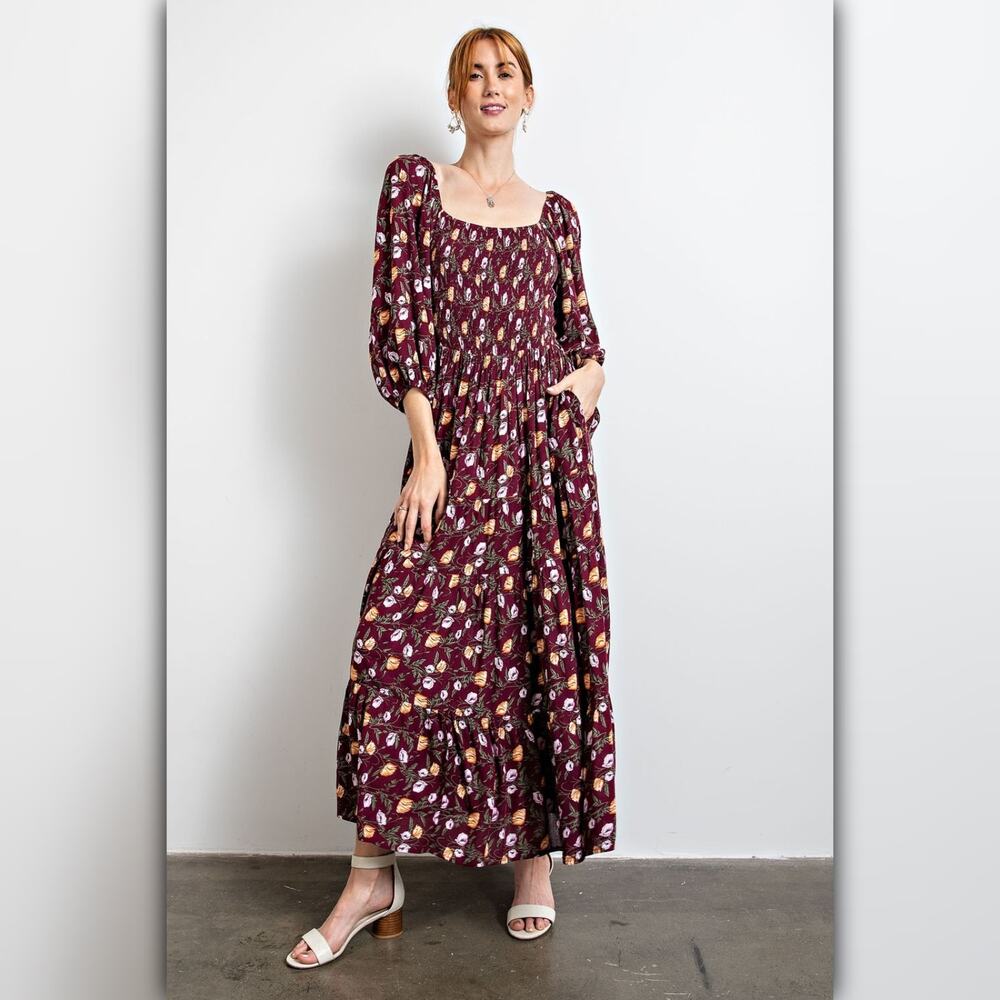 A235 β’ Boho Square Neck Floral Print Maxi Dress